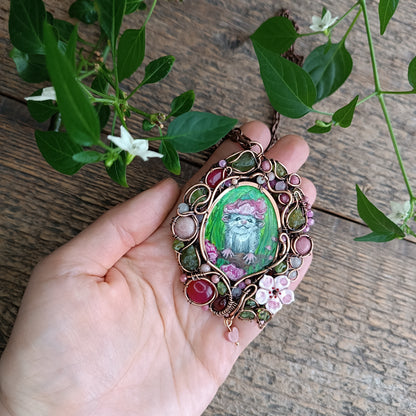 Charming possums and cherry blossom. Wire wrapped 2 sided necklace with miniature paintings