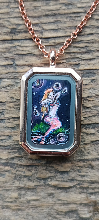 Little Fairy, Mermaid and magic bubbles. Hand painted pendant.