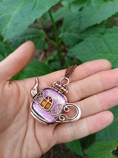 Magic sparkling purple fairy house teapot necklace.