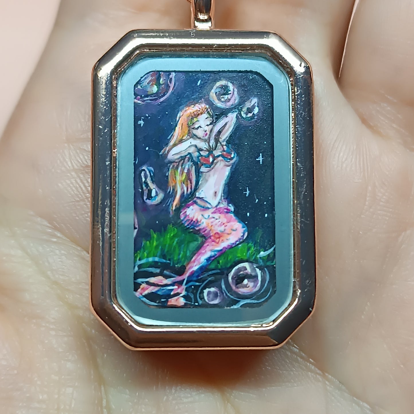 Little Fairy, Mermaid and magic bubbles. Hand painted pendant.
