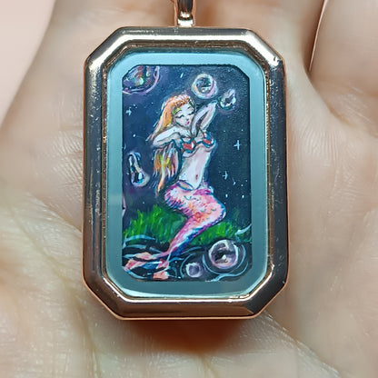 Little Fairy, Mermaid and magic bubbles. Hand painted pendant.