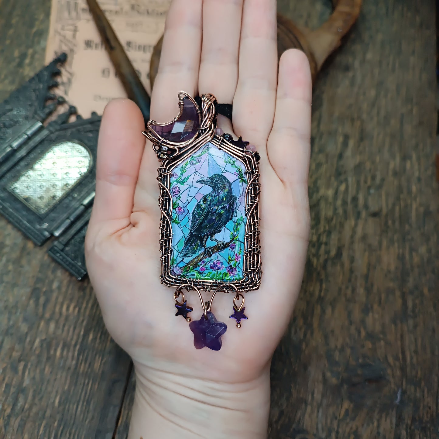Medieval window necklace. Raven and Bat.