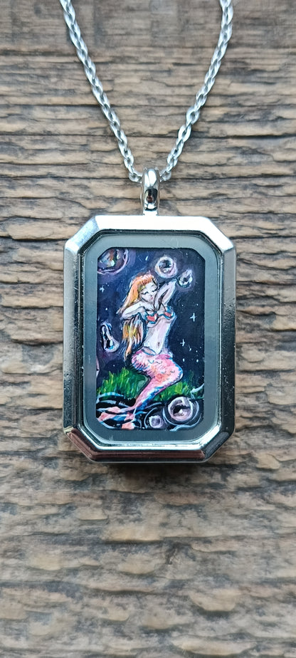 Little Fairy, Mermaid and magic bubbles. Hand painted pendant.