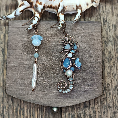 Blue and white seahorse earrings