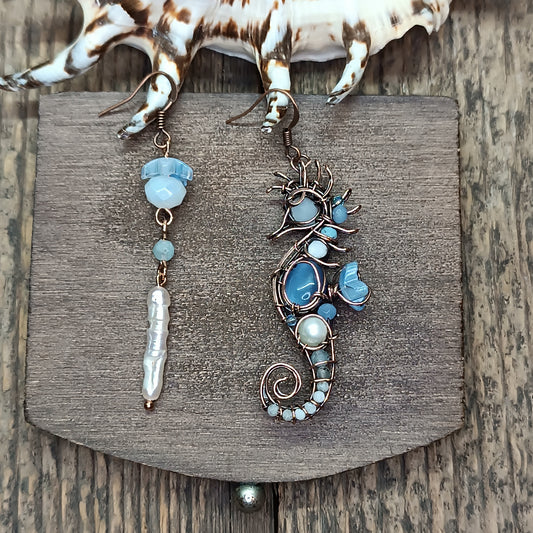 Blue and white seahorse earrings