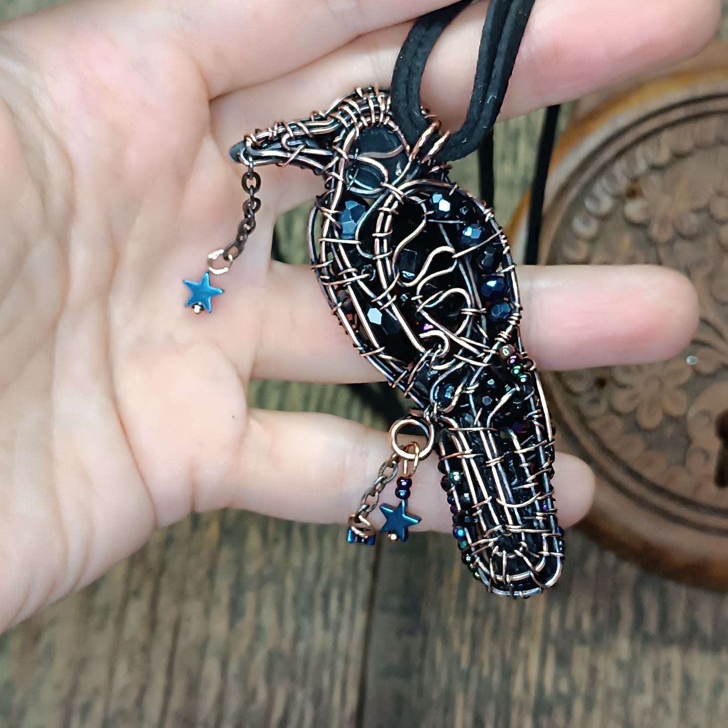 Stars keeper. Black raven necklace.