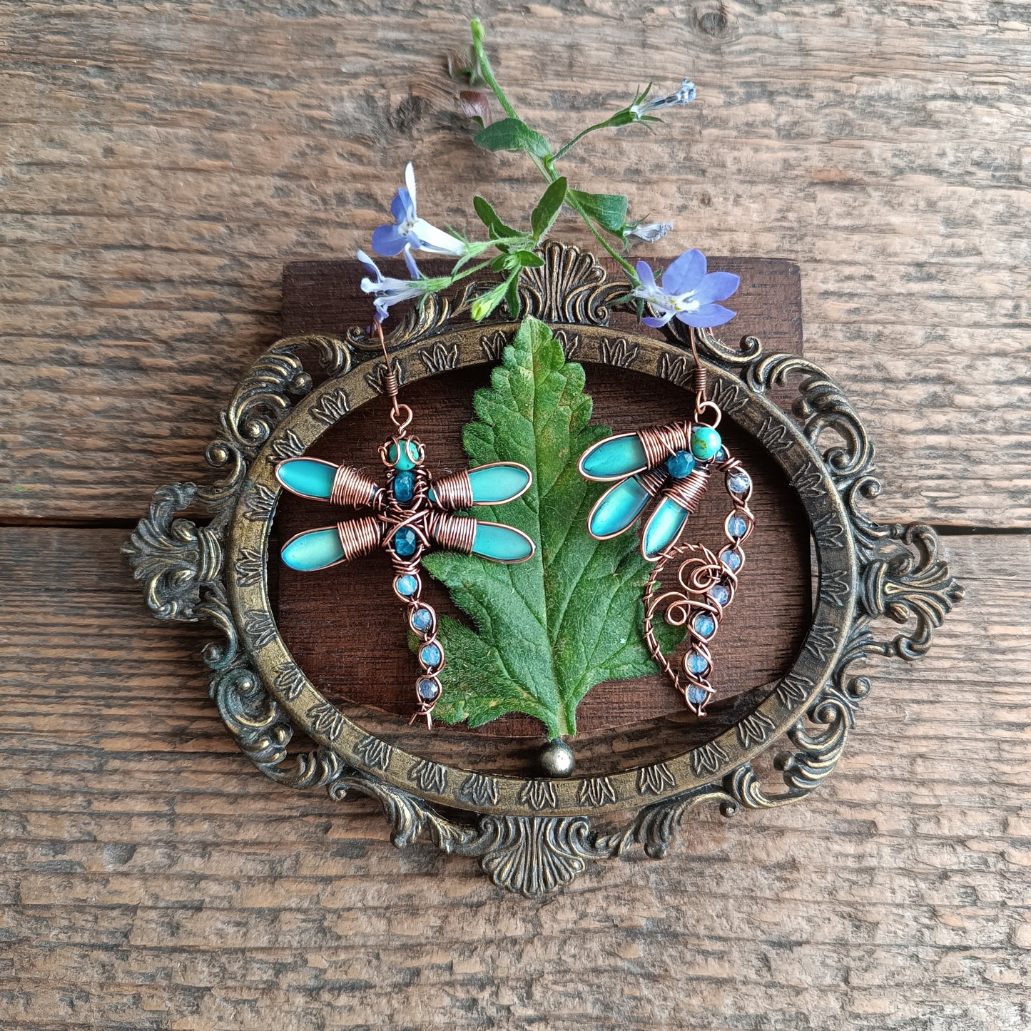 Blue dragonfly and bellflower earrings