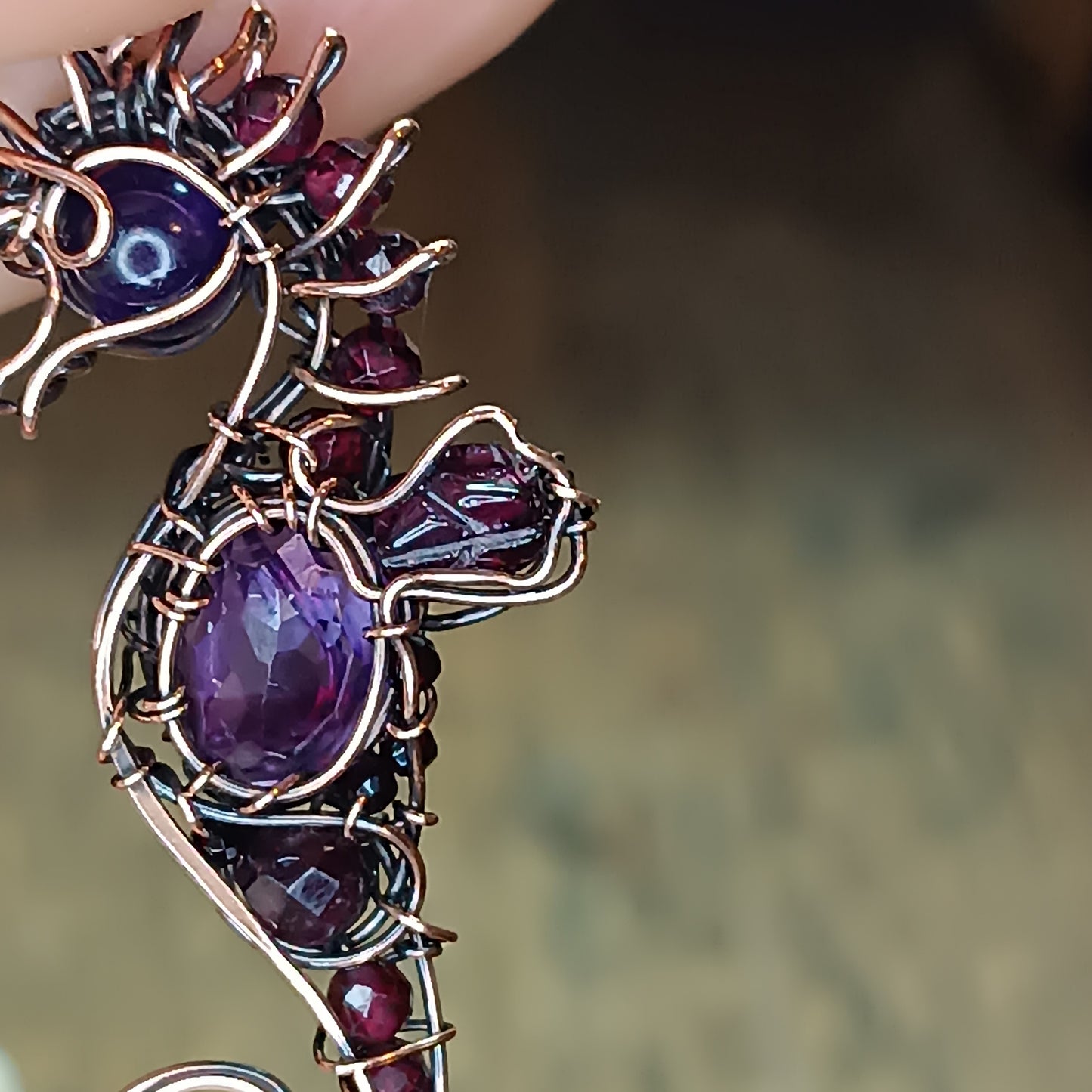 Amethyst and garnet seahorse earrings