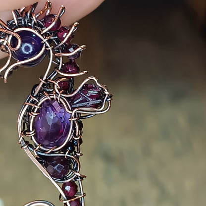 Amethyst and garnet seahorse earrings