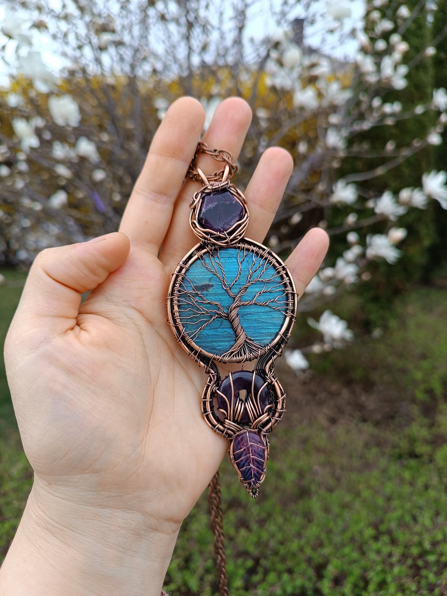 Blue tree of life. Statement copper wire wrapped necklace