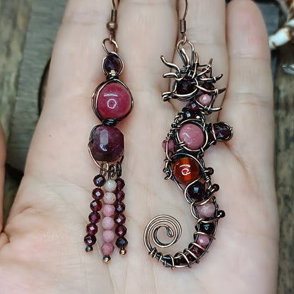 Rhodonite and garnet seahorse earrings