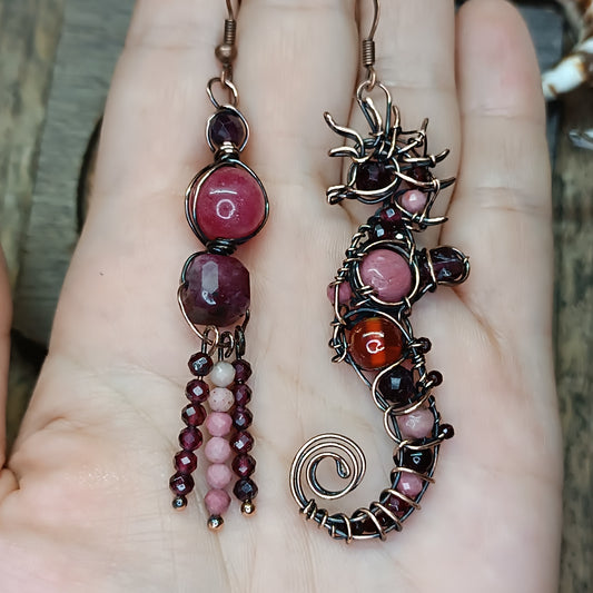Rhodonite and garnet seahorse earrings