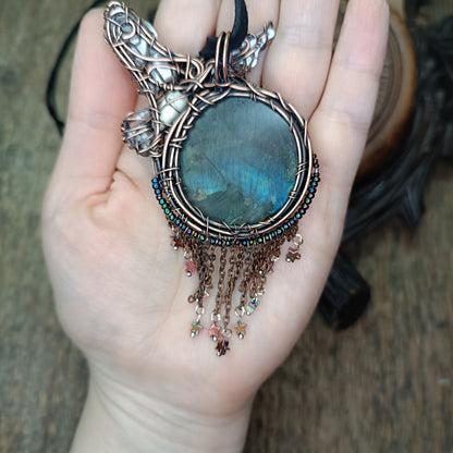 Owl over the sunset moon necklace