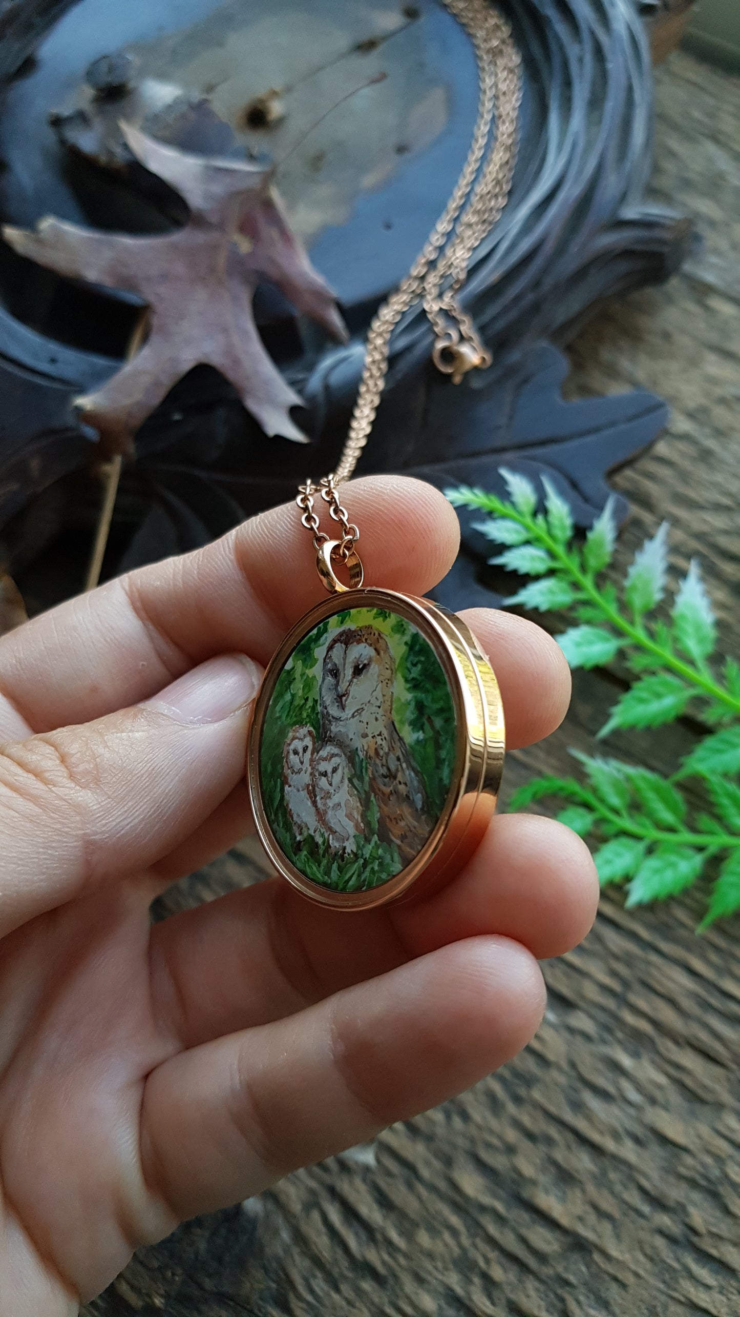 Owl family. Two sided pendant.