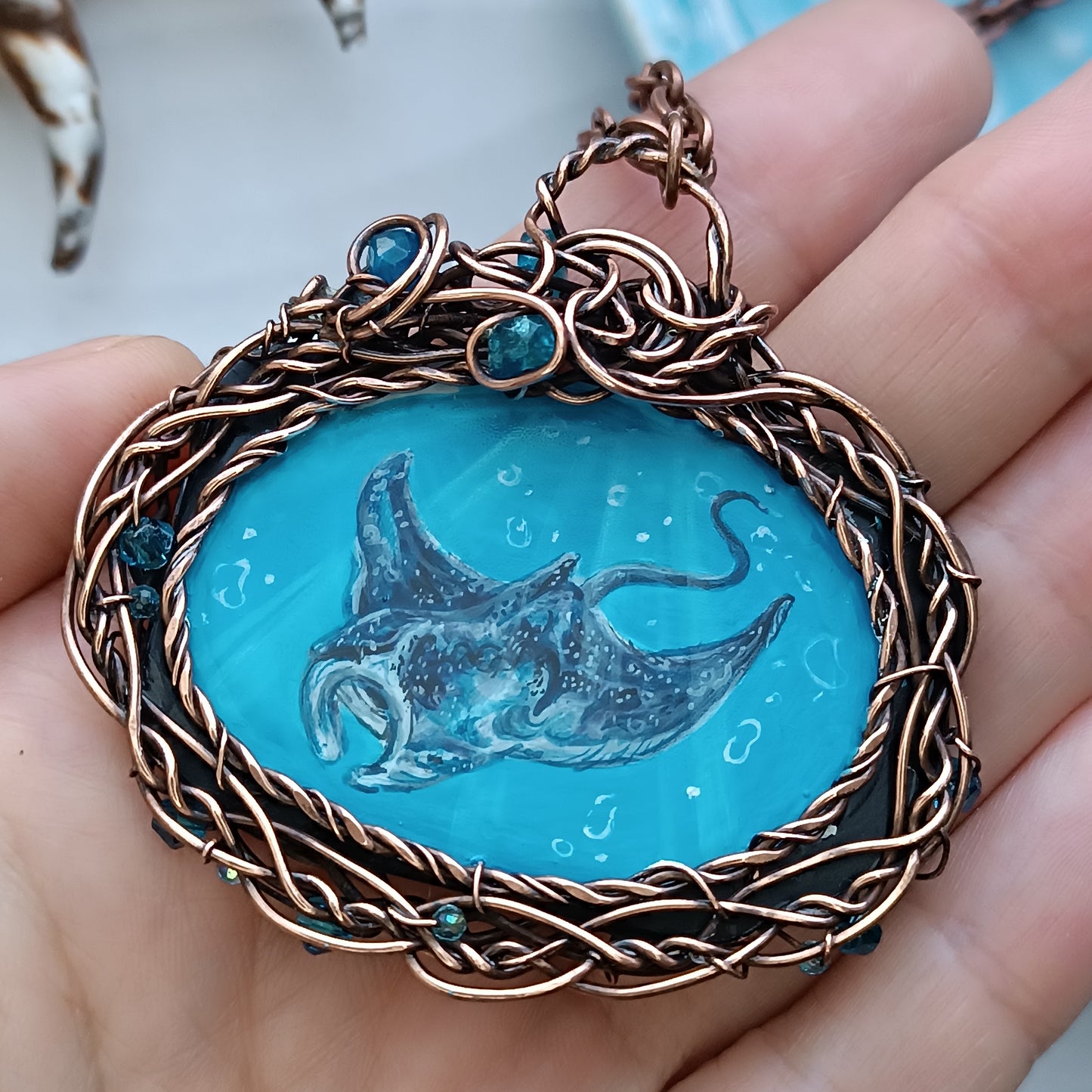 "Unforgettable diving". Wire wrapped and hand painted necklace.