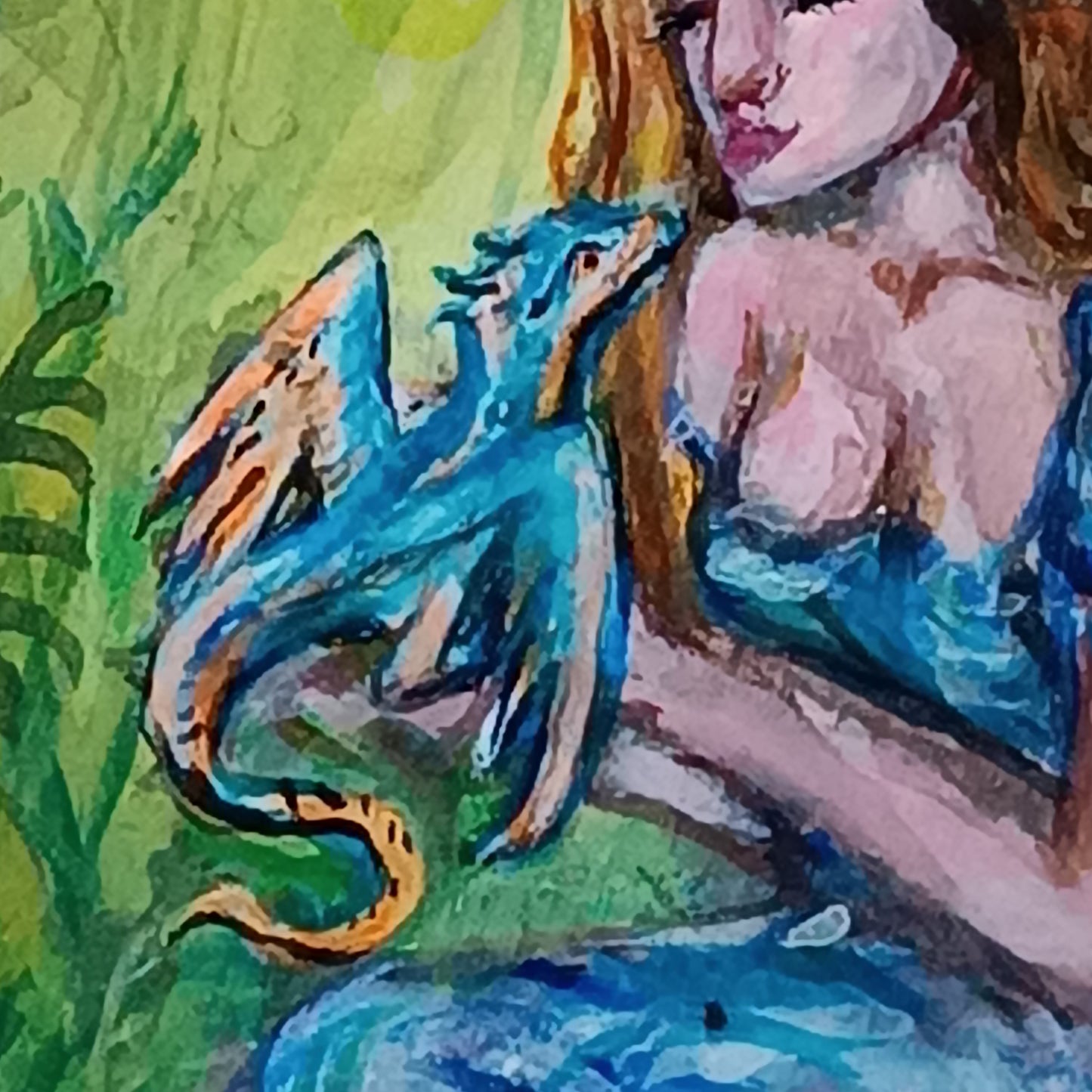 Princess and dragon. Original acrylic painting in a frame.