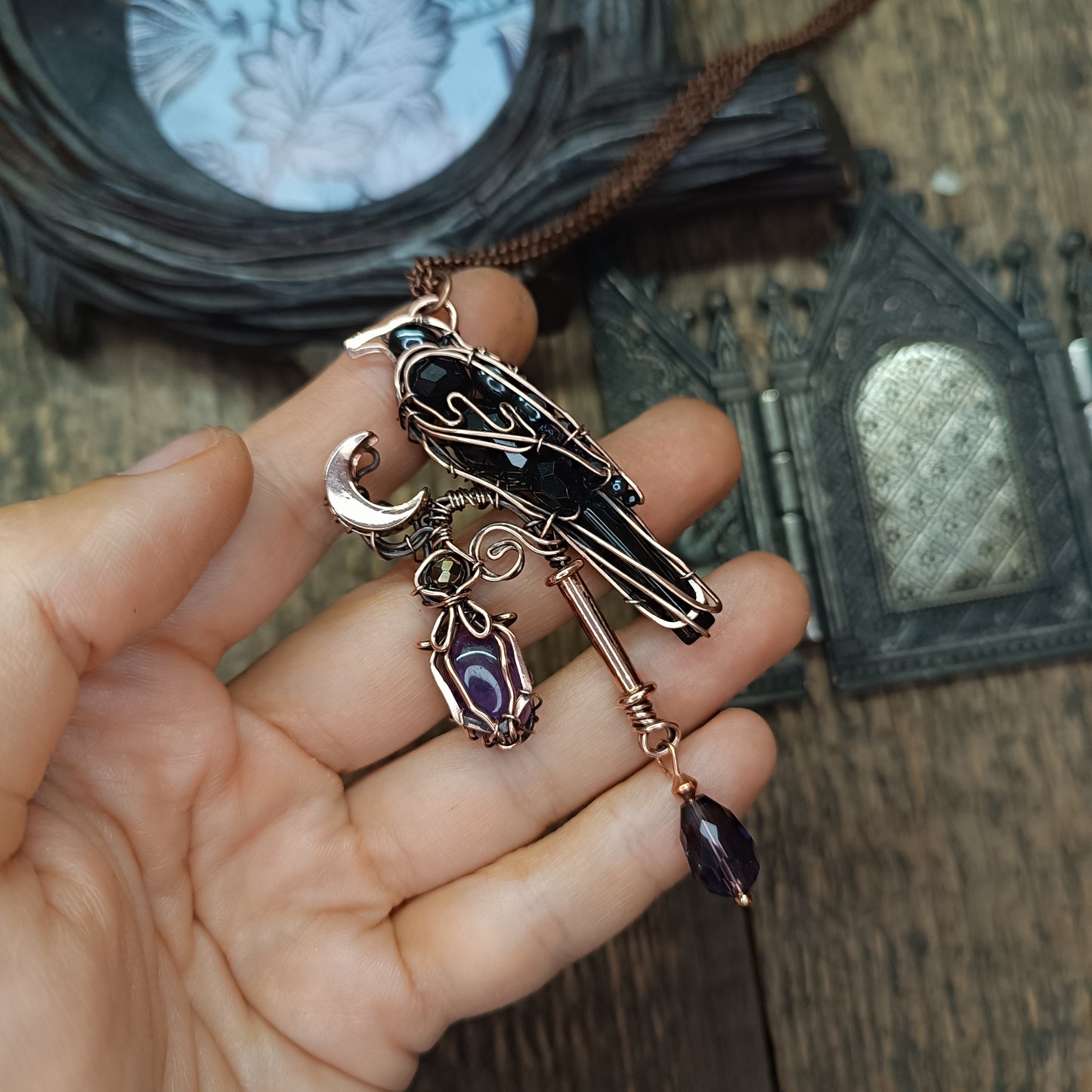 Raven on amethyst lantern necklace 🐦‍⬛💜