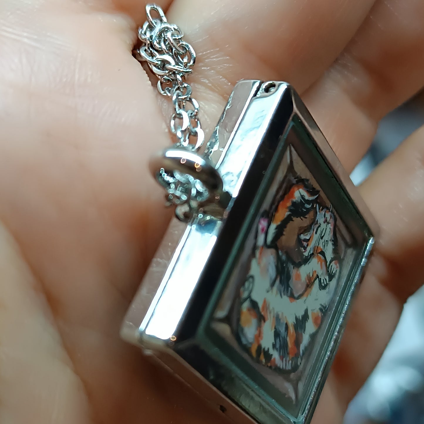 Cats in the box! Hand painted pendant. Reversible.