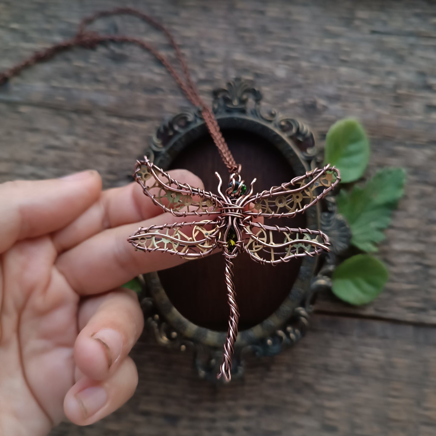 Olivia. Golden cogs Dragonfly pendant