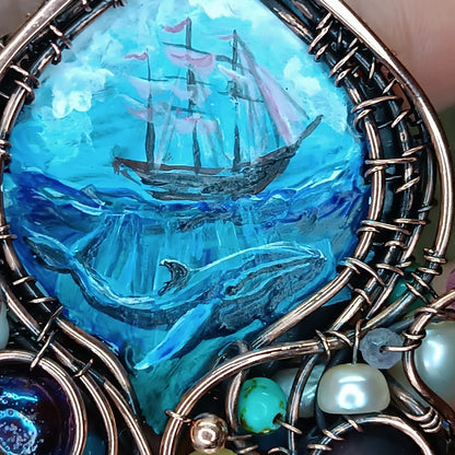"Ocean" Copper necklace with mini paintings.