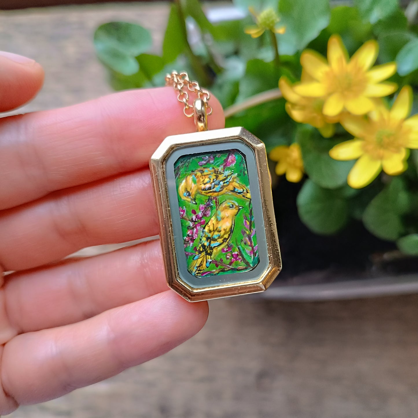 Yellow birds. Hand painted two sided pendant.