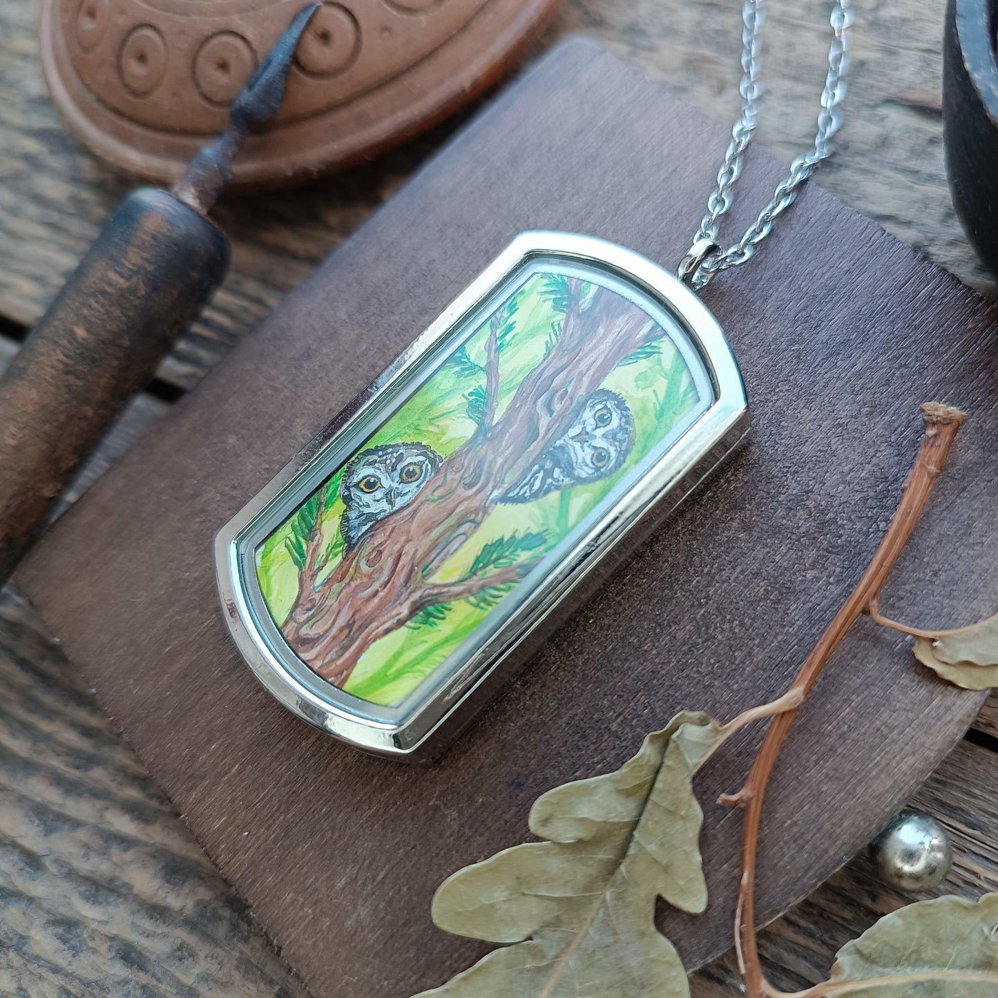 Wizard's helpers🌿 Painted pendant🦉🐿️