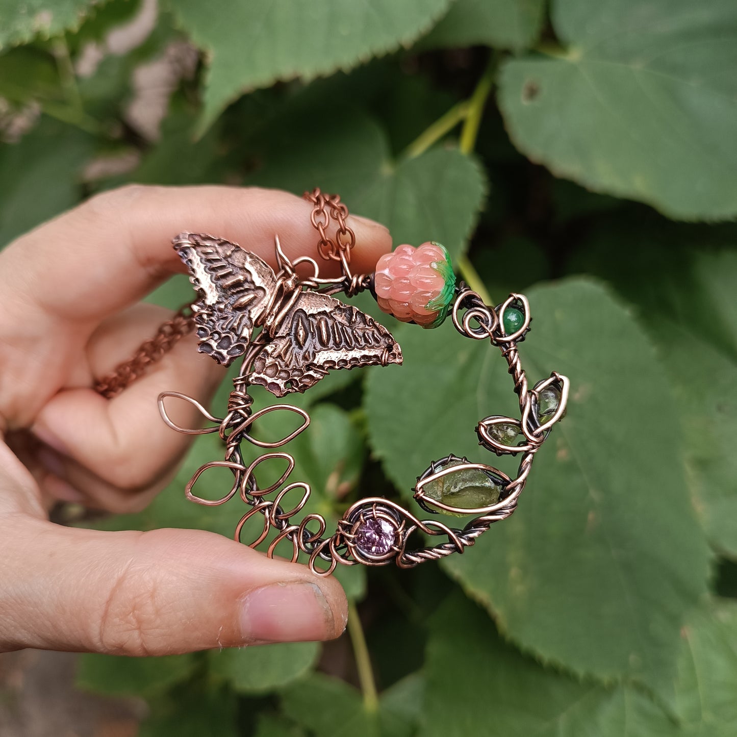Life circle. Summer strawberry butterfly nebula necklace