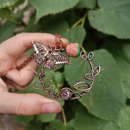 Life circle. Summer strawberry butterfly nebula necklace