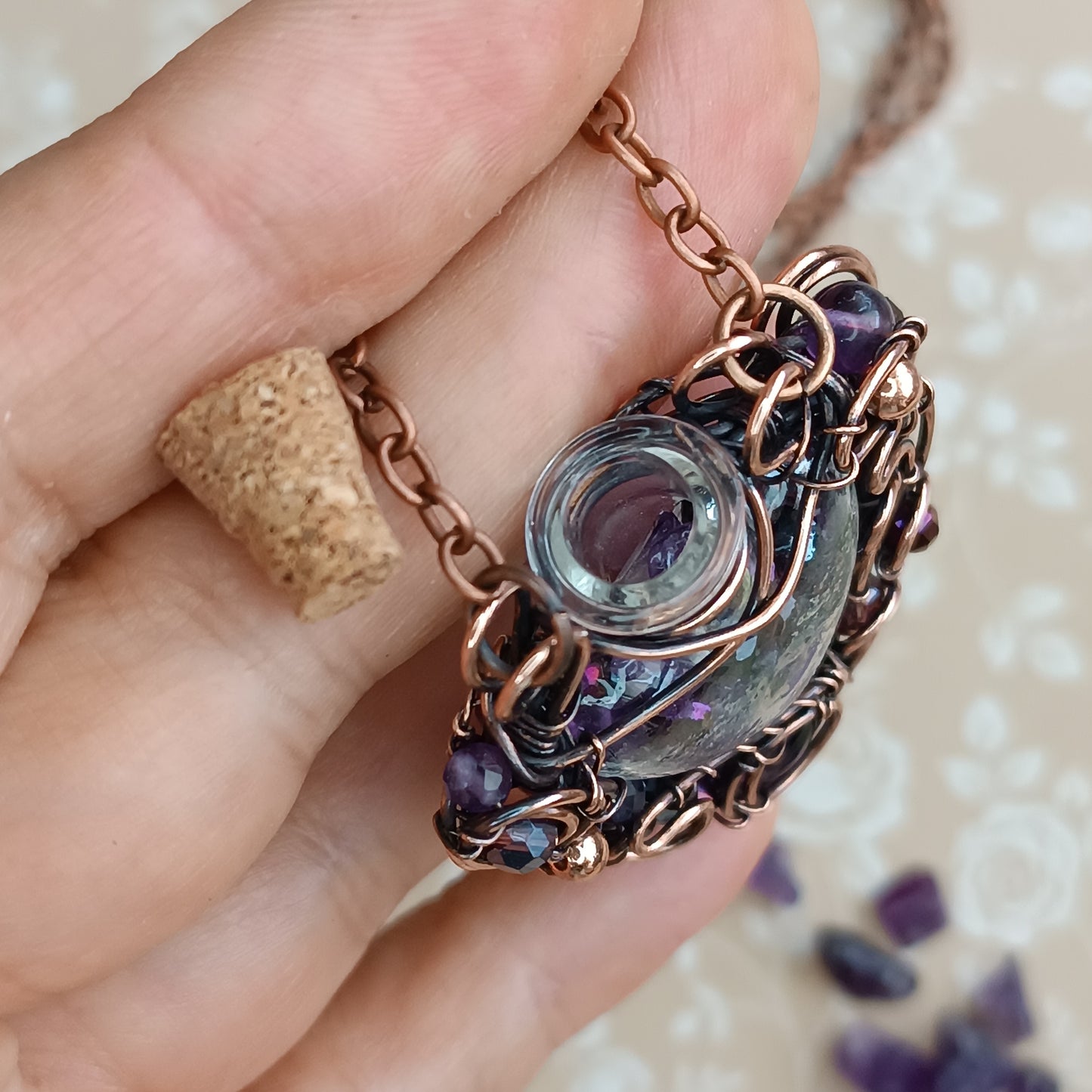 Dance of violets. Vial necklace