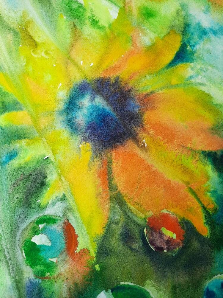 Sunflower and the rainbow bubbles ORIGINAL watercolor painting