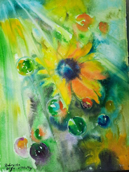 Sunflower and the rainbow bubbles ORIGINAL watercolor painting