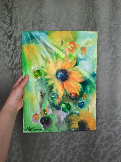 Sunflower and the rainbow bubbles ORIGINAL watercolor painting