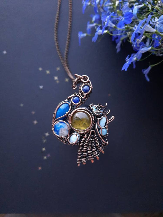 Blue dragon and the moon Wire wrap necklace Wire wrapped dragon