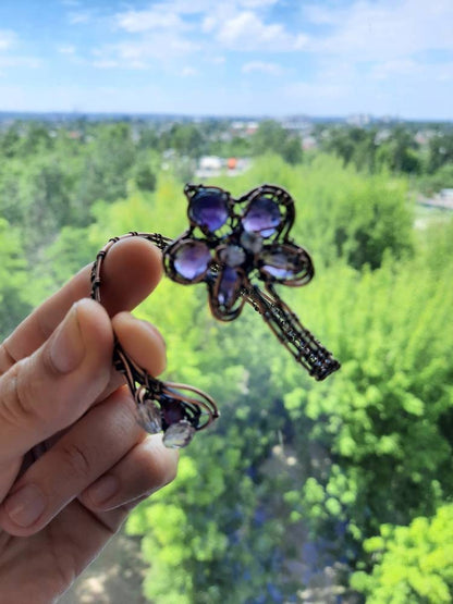 Purple flower adjustable copper cuff bracelet