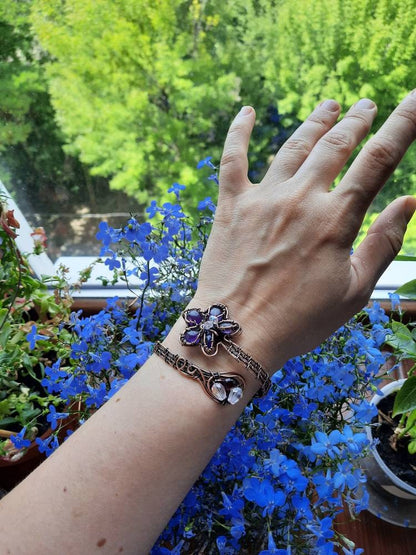 Purple flower adjustable copper cuff bracelet