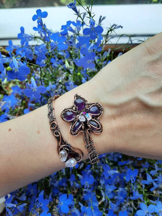 Purple flower adjustable copper cuff bracelet