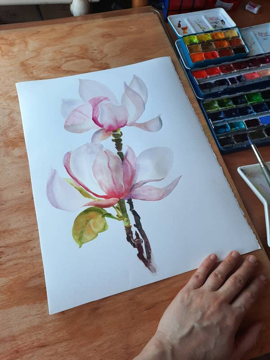 Pink magnolias ORIGINAL watercolor 15x11 inches