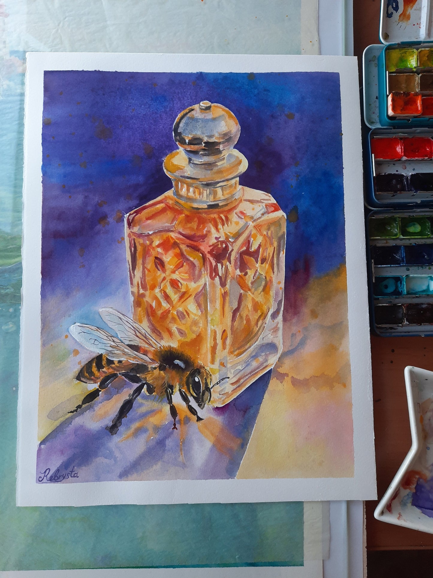 Original watercolor bee and honey perfume 14.75x11 inches