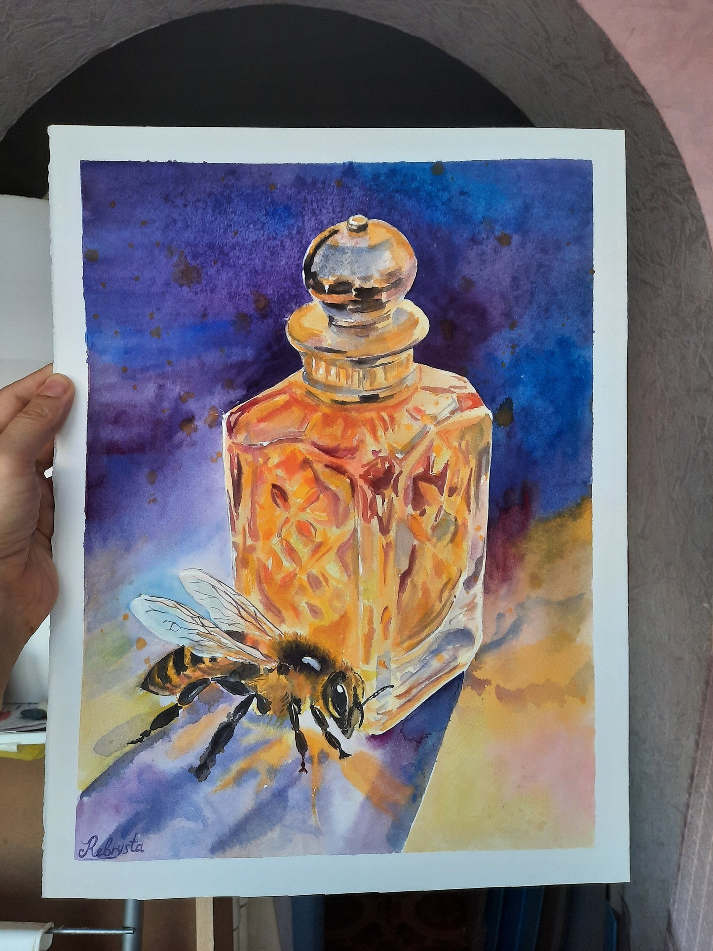 Original watercolor bee and honey perfume 14.75x11 inches