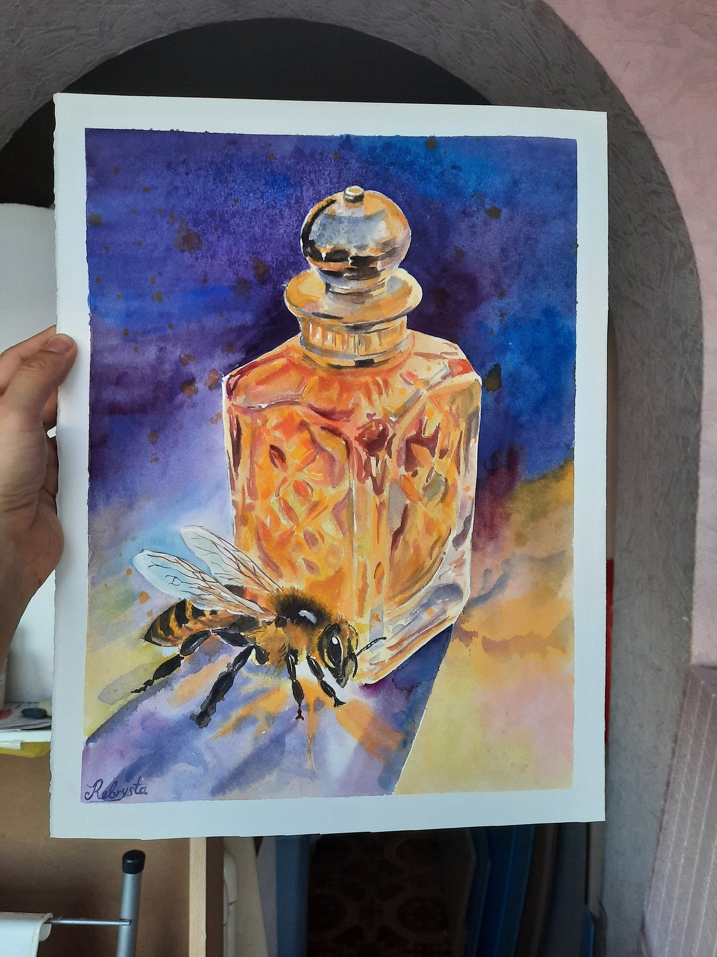 Original watercolor bee and honey perfume 14.75x11 inches