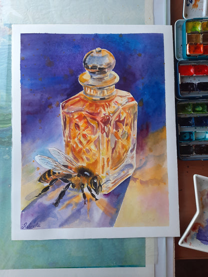 Original watercolor bee and honey perfume 14.75x11 inches