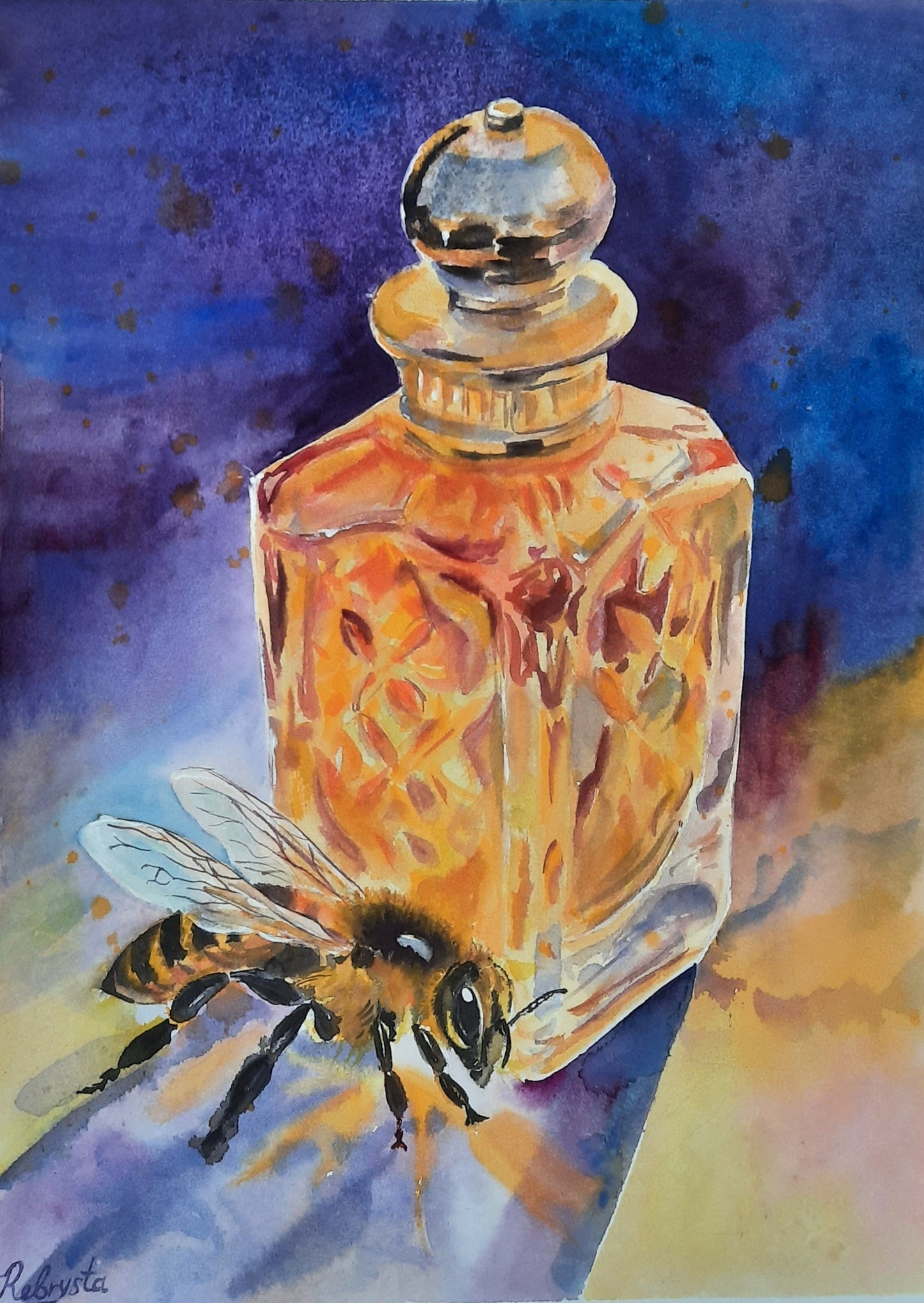 Original watercolor bee and honey perfume 14.75x11 inches