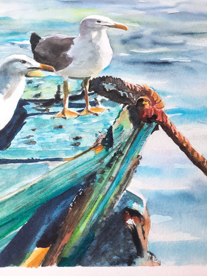 Seagulls on the blue boat ORIGINAL watercolor on cotton paper