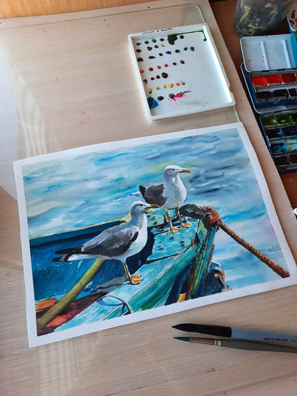 Seagulls on the blue boat ORIGINAL watercolor on cotton paper