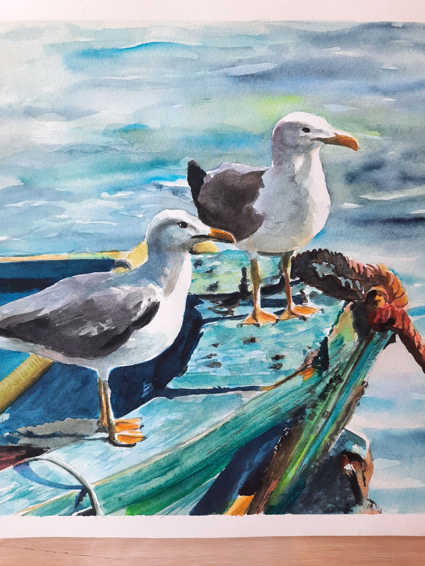 Seagulls on the blue boat ORIGINAL watercolor on cotton paper