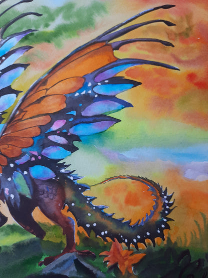 Original painting butterfly winged dragon orange dragon Autumn colors painting Dragon watercolor