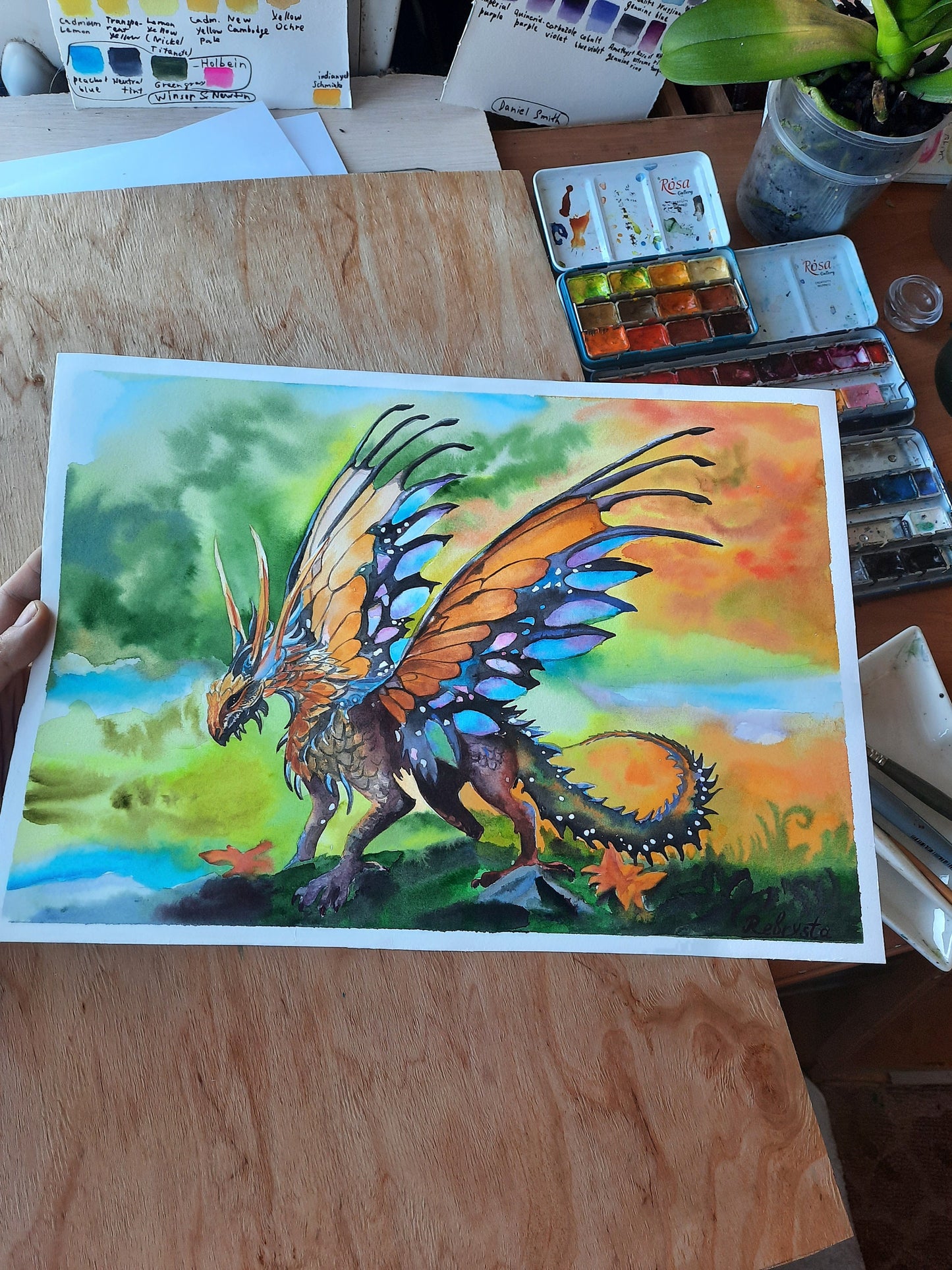 Original painting butterfly winged dragon orange dragon Autumn colors painting Dragon watercolor