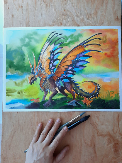 Original painting butterfly winged dragon orange dragon Autumn colors painting Dragon watercolor